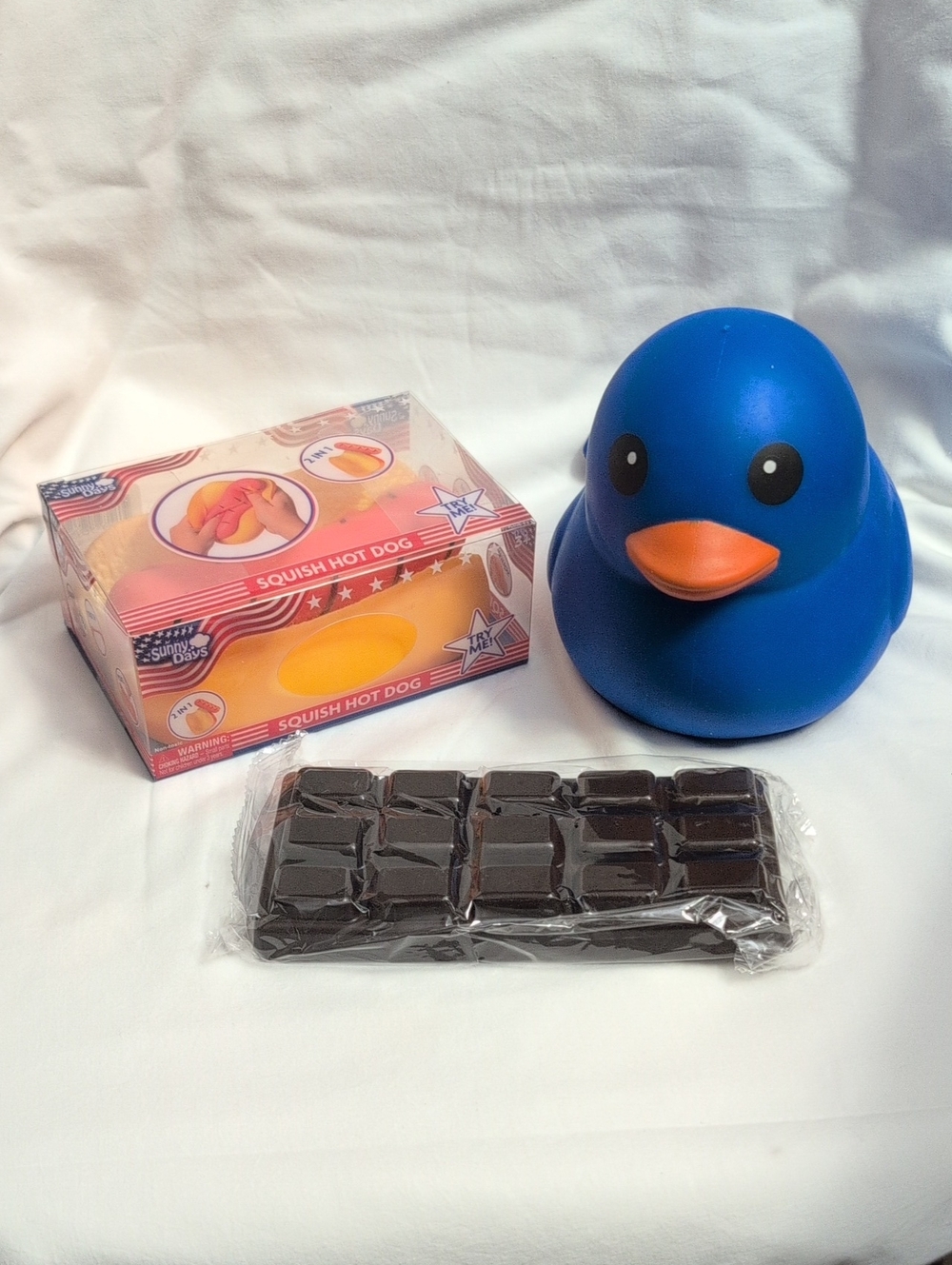 Jumbo Squishie Blue Duck, Hot Dog And Chocolate Bar NWT